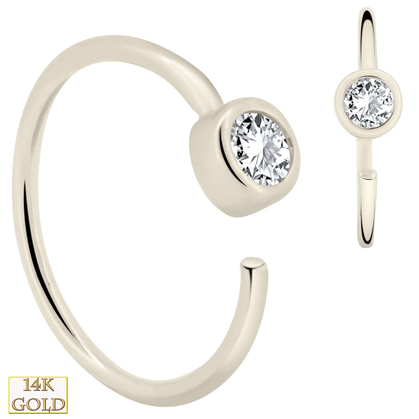 14k Solid Gold Bezel Setting Zircon Hoops, Twist Top Open Earrings, Bezel Setting Zircon Hoop Earrings, 14k Solid Gold, Twist Top Open | Sexy Jewelz | Los Angeles