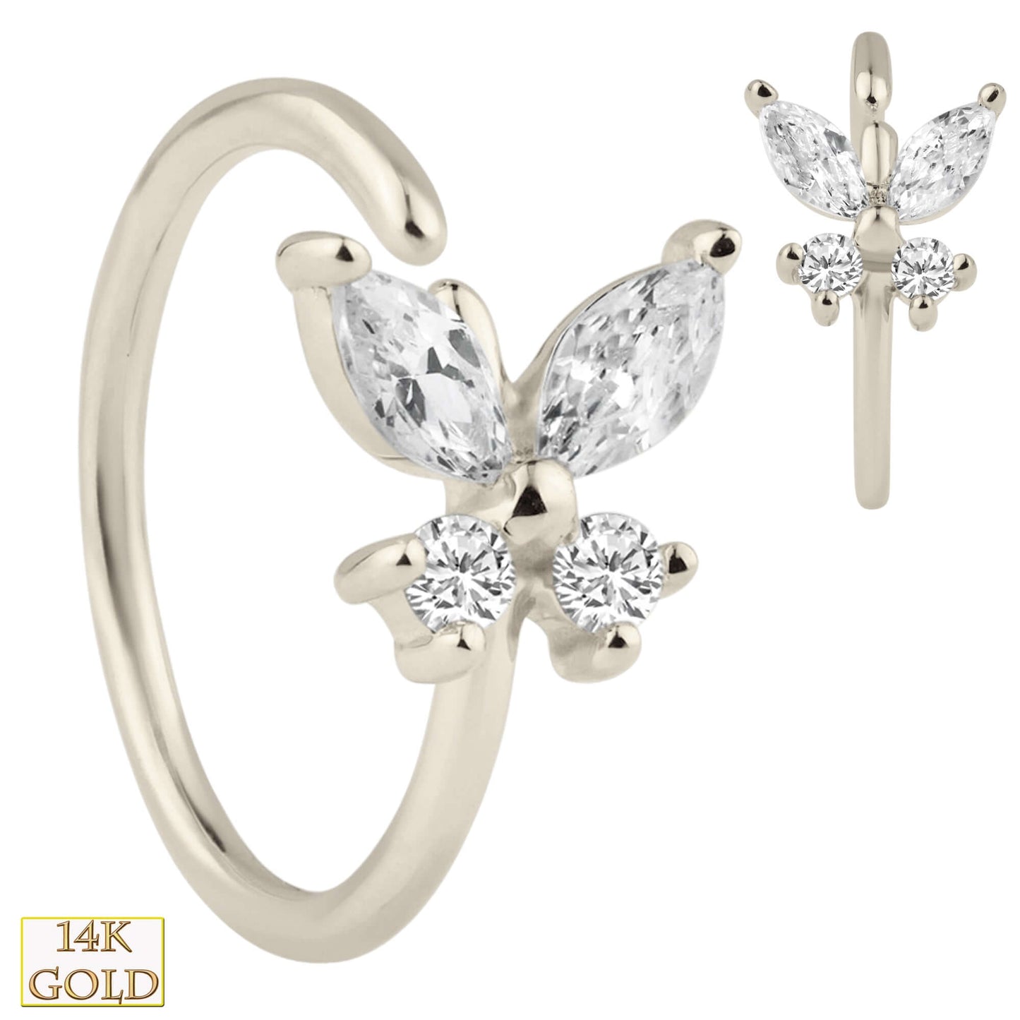 14K Solid Gold Nose Hoop with Zircon and Butterfly, Nose Ring, Unique Nose Jewelry, Gift for Her, Sexy Jewelz, Los Angeles