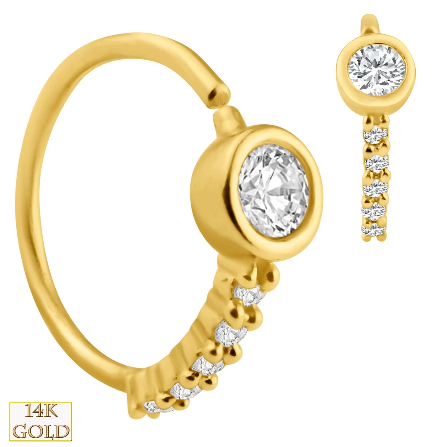 14K Solid Gold Bezel Nose Hoop with Multi Zircon