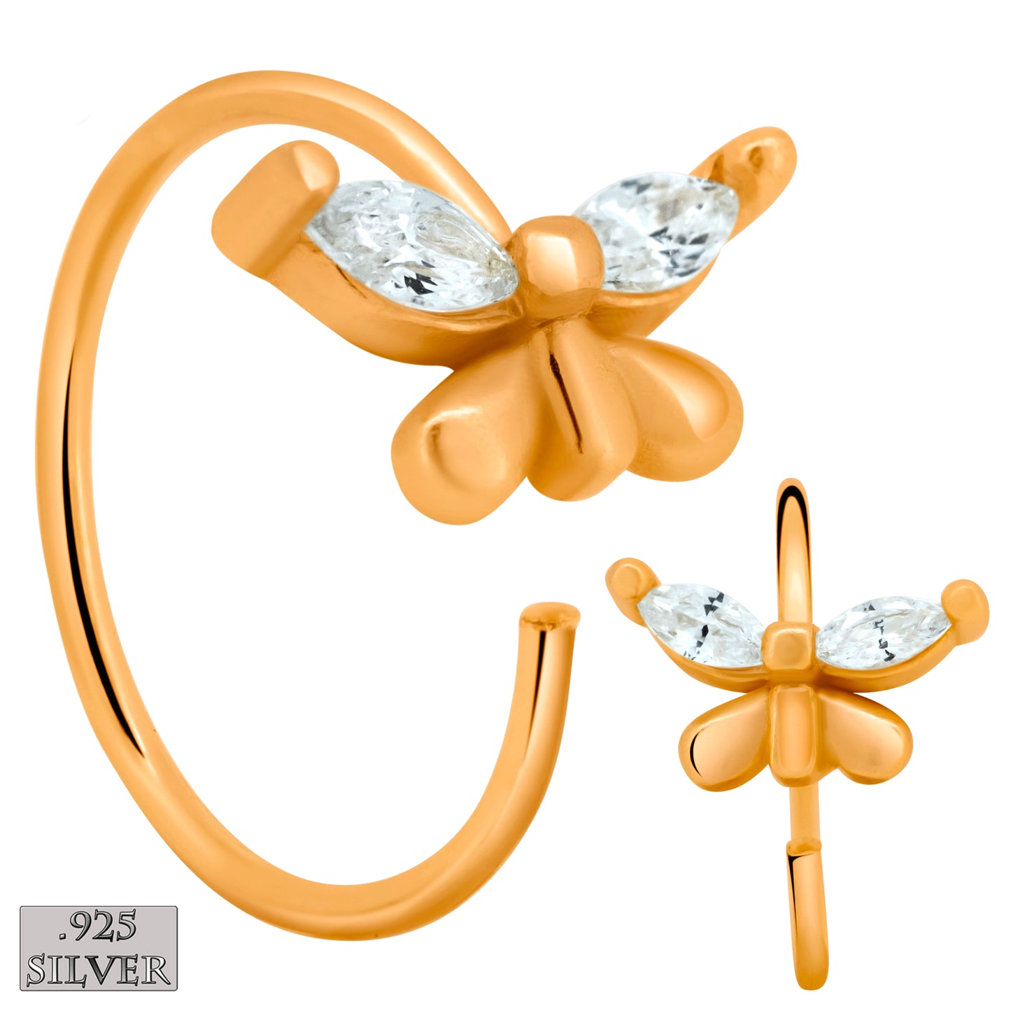 Butterfly Design 925 Sterling Silver Nose Hoop, Zircon Nose Ring, 22g, 8mm Wide, Sexy Jewelz, Los Angeles