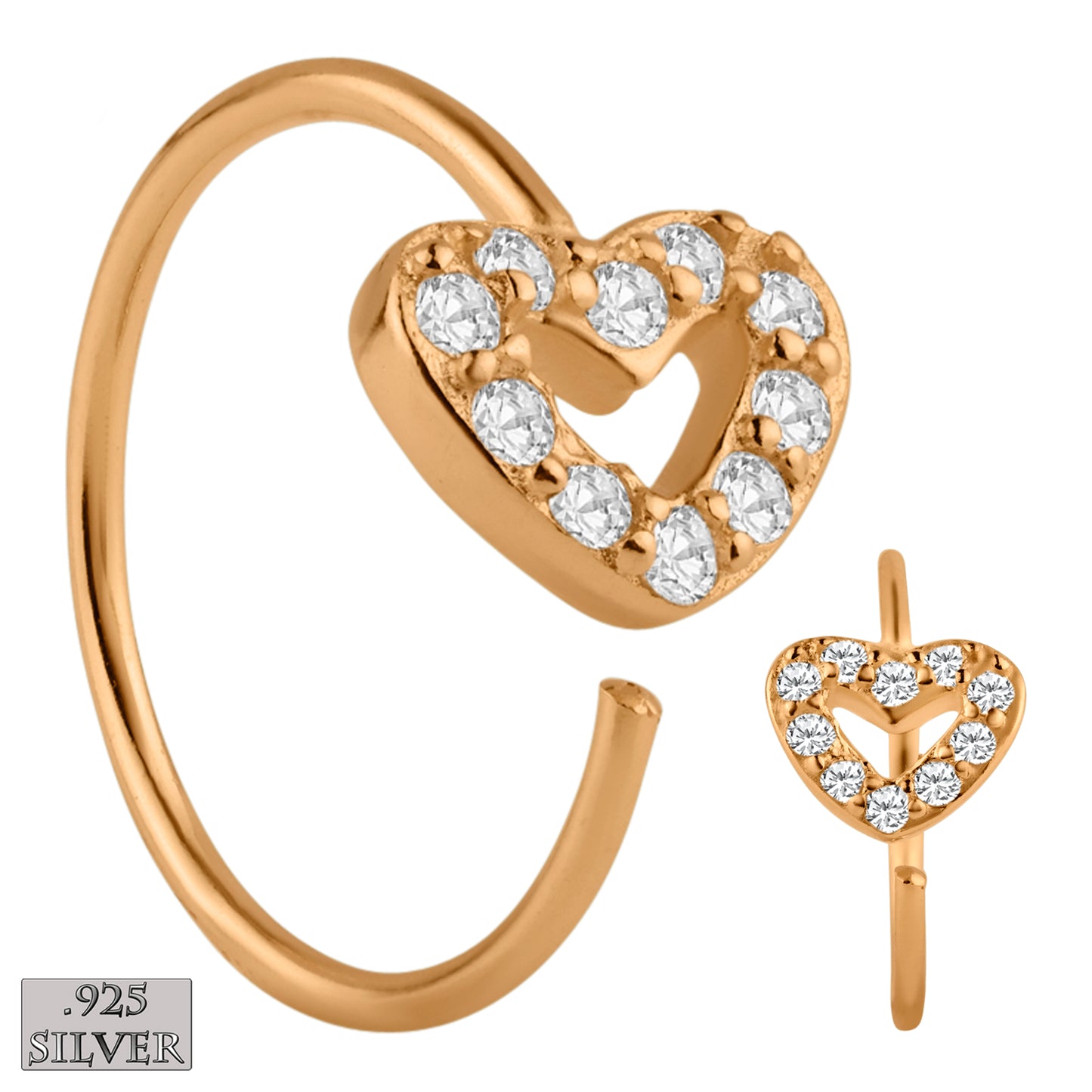 925 Sterling Silver CZ Heart Nose Hoop, 22g Thick 8mm Wide, Hypoallergenic, Nose Ring Jewelry, Sexy Jewelz, Los Angeles