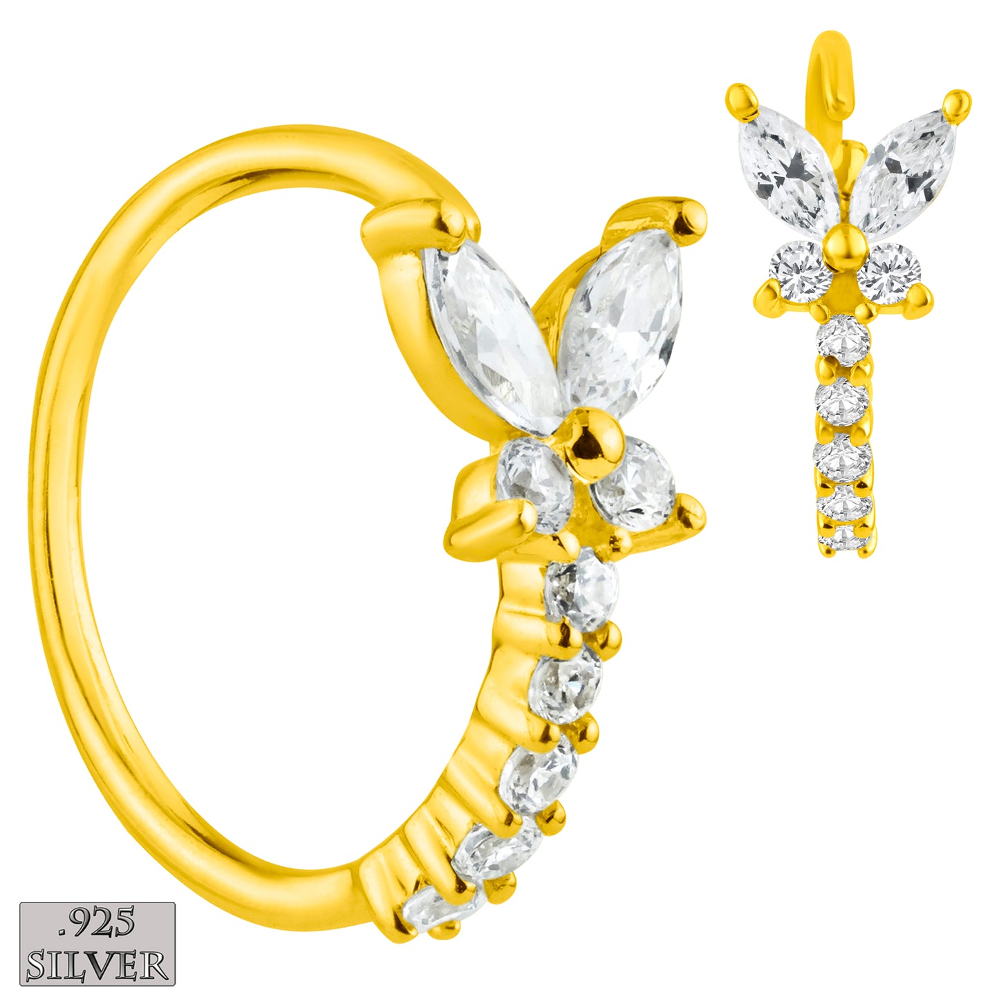 Butterfly Nose Hoop, 925 Sterling Silver Nose Ring with Zircon, Cute Nose Piercing, Gift for Women, Sexy Jewelz, Los Angeles