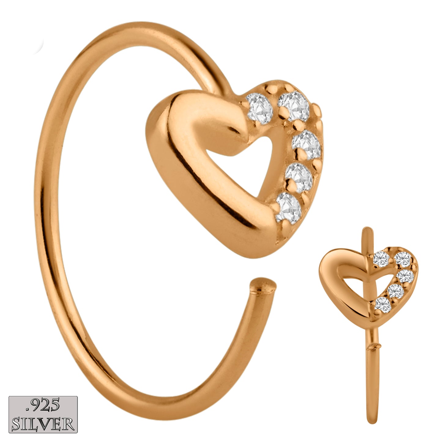 Half Around Zircon Sterling Silver Heart Nose Hoops, Hollow Design, Elegant Statement Jewelry, Sexy Jewelz, Los Angeles