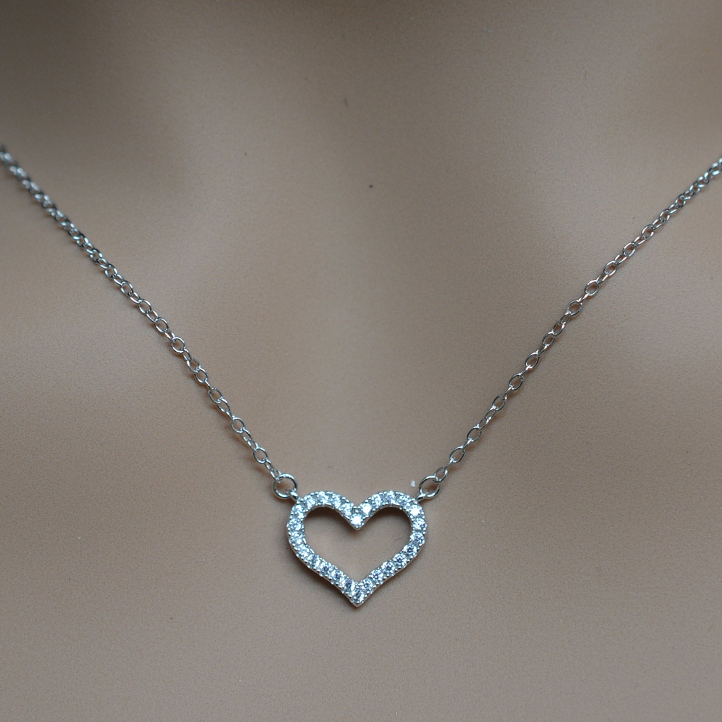 925 Sterling Silver Hollow Heart Studded with CZ Pendant Necklace