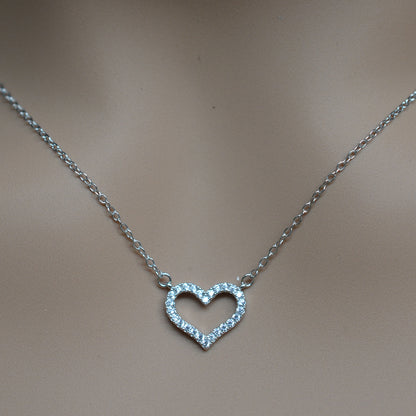 925 Sterling Silver Hollow Heart Studded with CZ Pendant Necklace