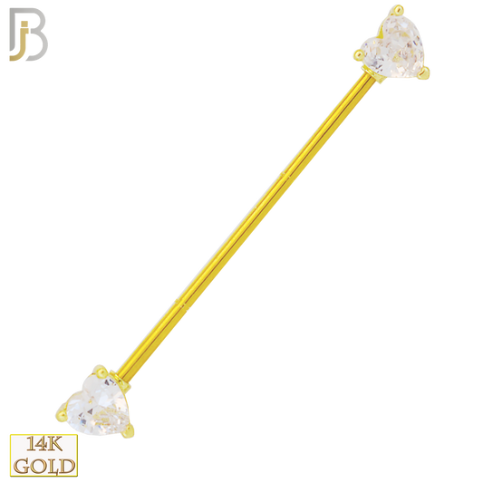 14k Solid Gold Industrial Barbell with Heart Shaped CZ