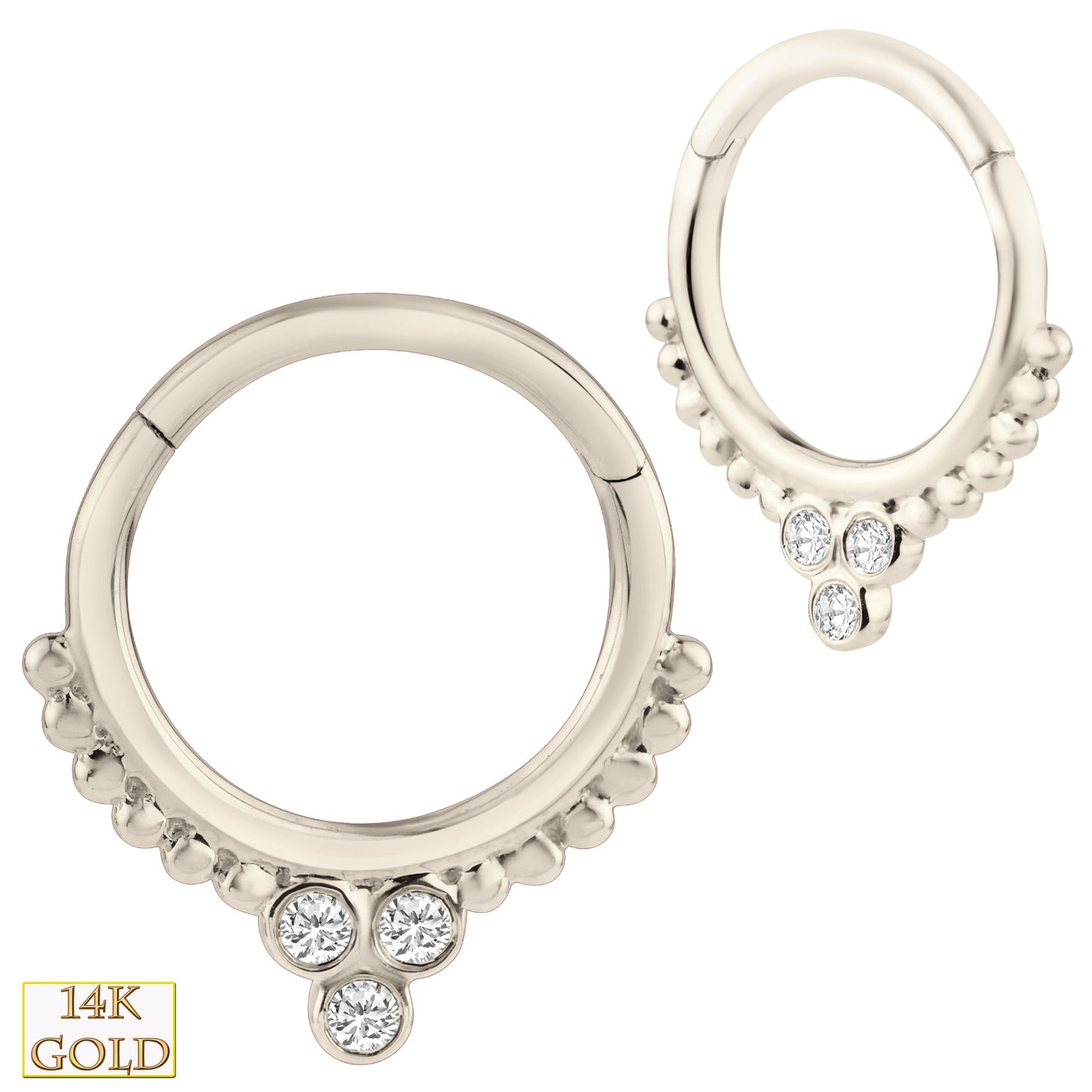 14k Solid Gold Beaded Design Hoops, Zircon Hinged Earrings, Dainty Gold Hoop Earrings, Hinged Hoop Earrings, Gold Hinged Hoops | Sexy Jewelz | Los Angeles