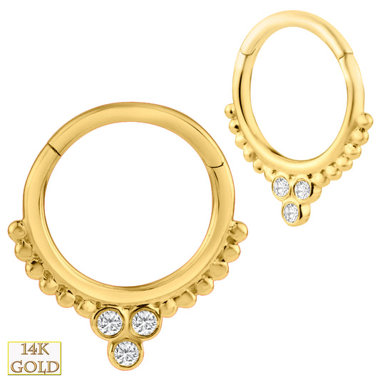 14k Solid Gold Beaded Design Hoops, Zircon Hinged Earrings, Dainty Gold Hoop Earrings, Hinged Hoop Earrings, Gold Hinged Hoops | Sexy Jewelz | Los Angeles