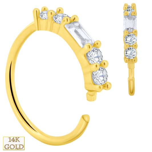 14K Solid Gold Baguette Cubic Zirconia Hoop Earrings, Round Side Stones, Women's Jewelry | Sexy Jewelz | Los Angeles