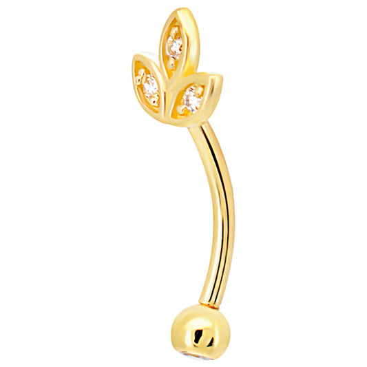 14k Yellow Gold CZ Leaves Eyebrow Barbell Externally Threaded Screw