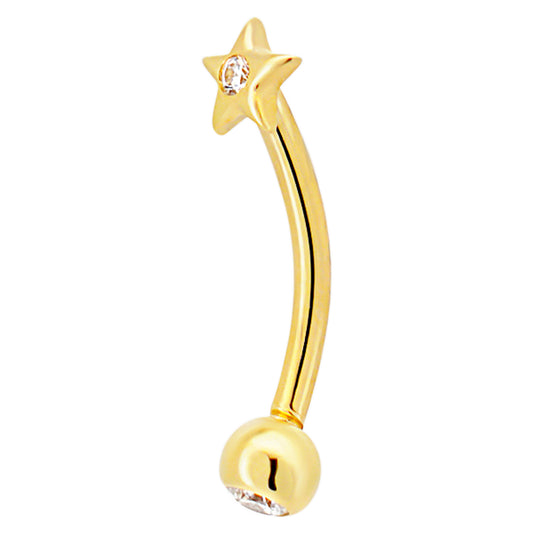 14k Yellow Gold Star with CZ Eyebrow Barbell Externally Threaded Screw