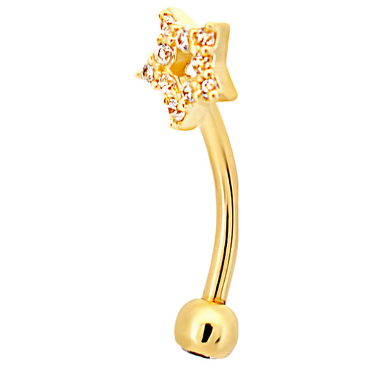 14k Yellow Gold Hollow Star with Multi CZ Eyebrow Barbell Externally Threaded Screw