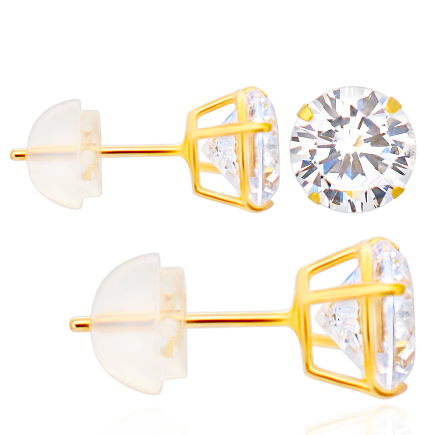 14k Gold Silicone Backing Stud Earrings with Round Cubic Zirconia