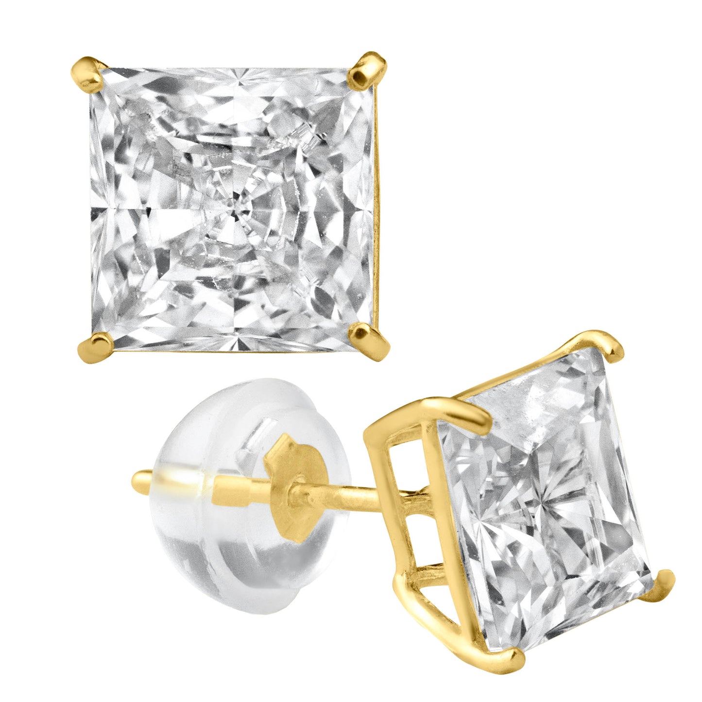 14k Gold Silicone Backing Stud Earrings with Square Cubic Zirconia