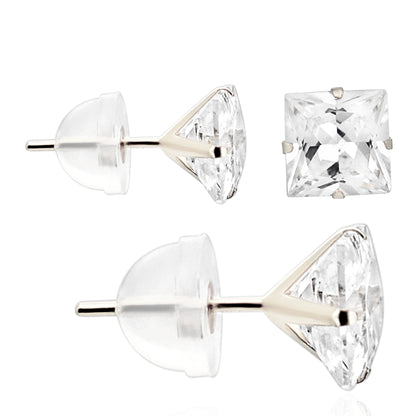 14k Gold Silicone Backing Stud Earrings with Stamping Set Square Cubic Zirconia
