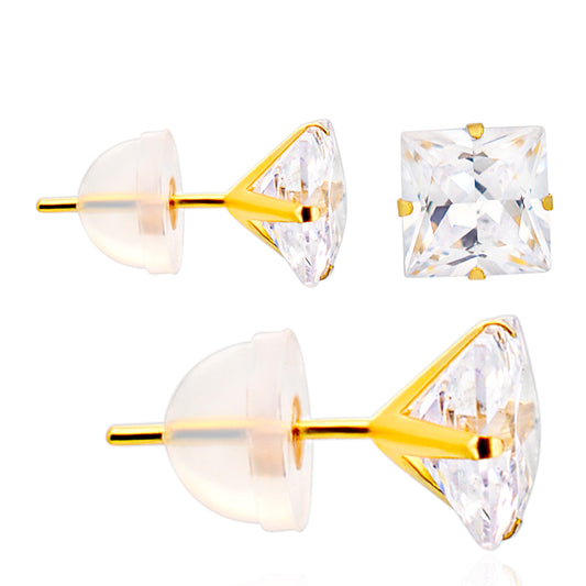 14k Gold Silicone Backing Stud Earrings with Stamping Set Square Cubic Zirconia