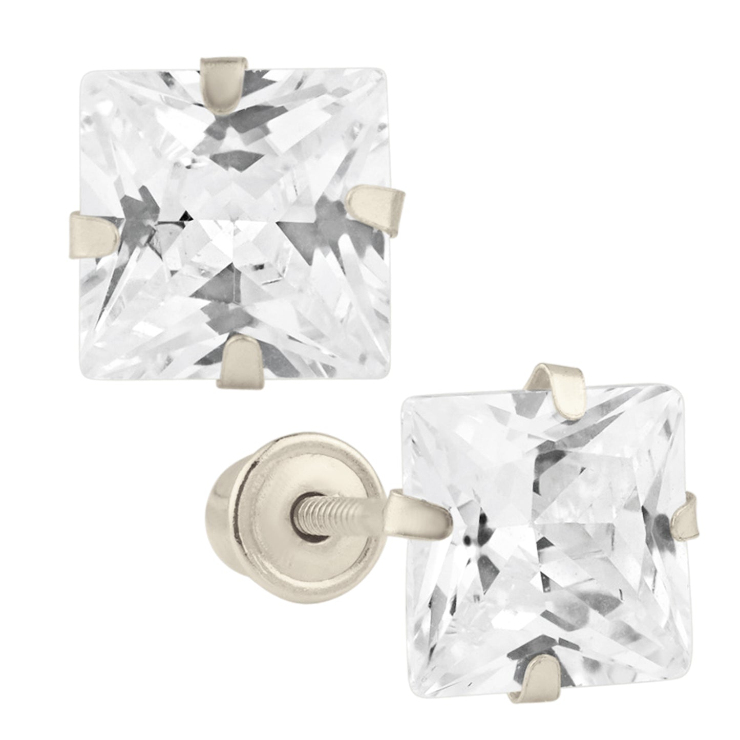 14k Gold Screw Backing Stud Earrings with Stamping Set Square Cubic Zirconia