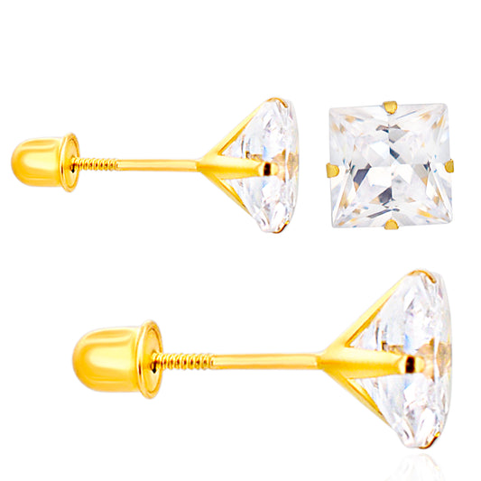 14k Gold Screw Backing Stud Earrings with Stamping Set Square Cubic Zirconia