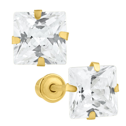 14k Gold Screw Backing Stud Earrings with Stamping Set Square Cubic Zirconia