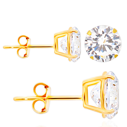 14K Solid Gold Push Back Stud Earring with Round Cubic Zirconia