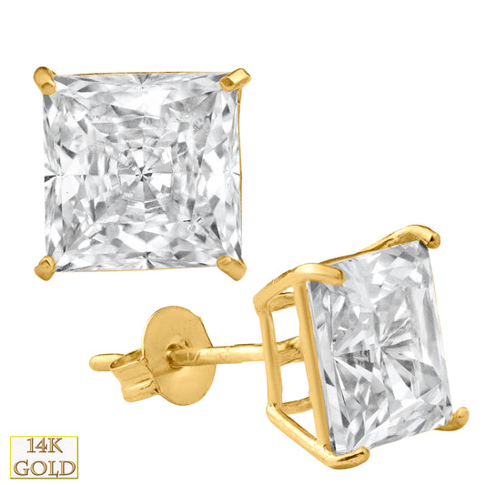 14K Solid Gold Push Back Stud Earring with Square CZ in Basket Setting