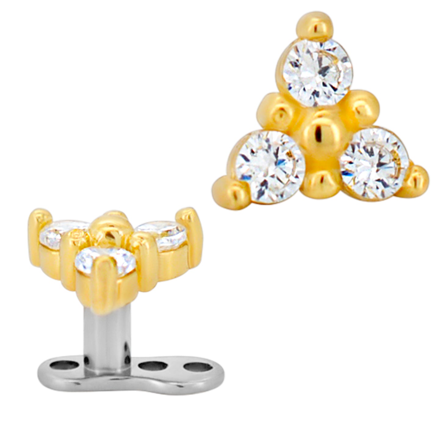 14k Gold Three CZ Triangle Dermal Top with 14k Titanium Anchor