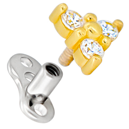 14k Gold Three CZ Triangle Dermal Top with 14k Titanium Anchor