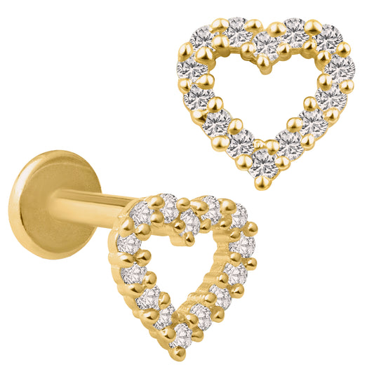 14k Yellow Gold Hollow Heart with Multi Zircon Around Labret