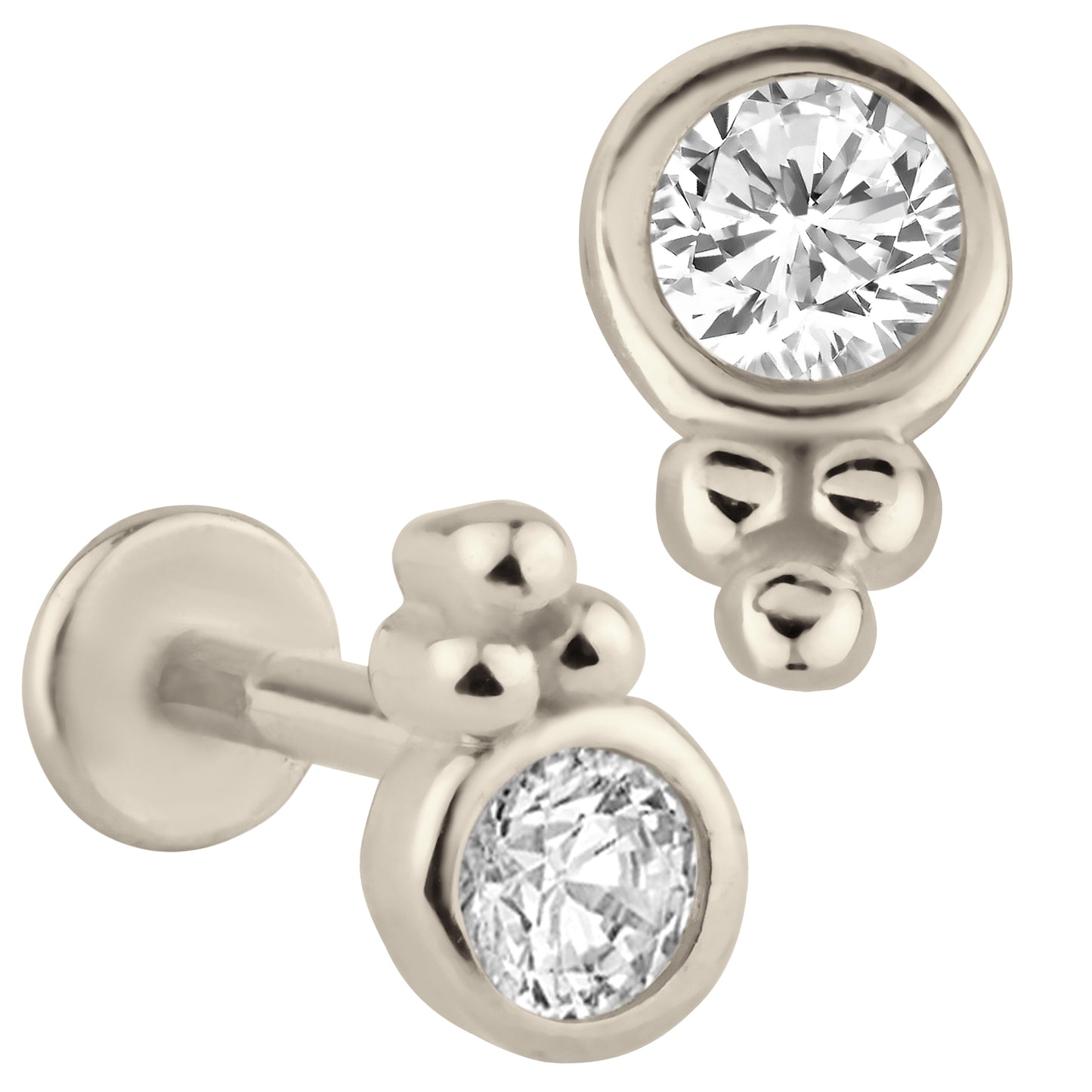 14k Gold Round Cubic Zirconia in Bezel Setting Labret