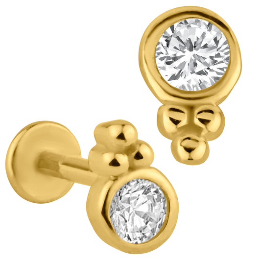 14k Gold Round Cubic Zirconia in Bezel Setting Labret