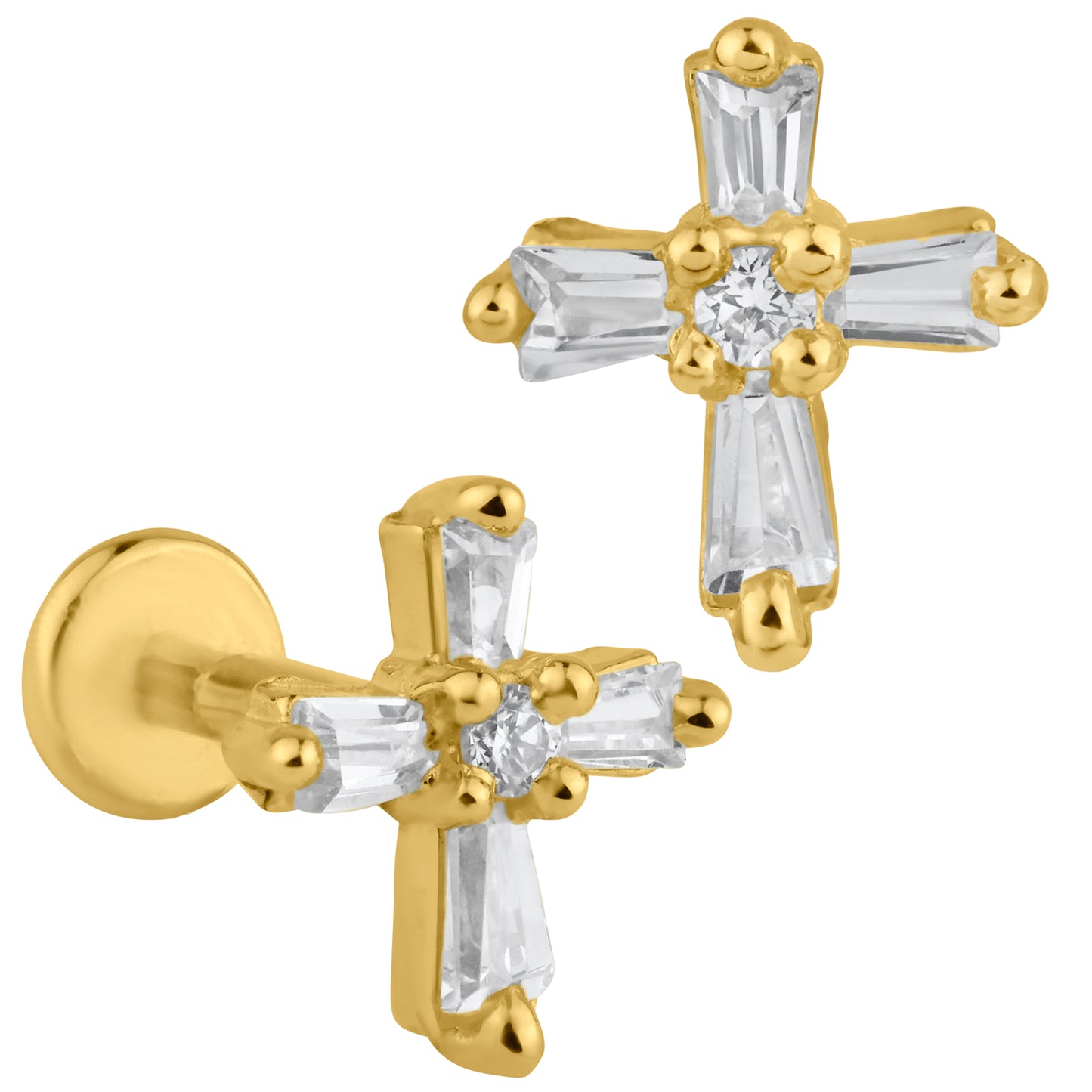 14k Gold Cross with Cubic Zirconia Labret