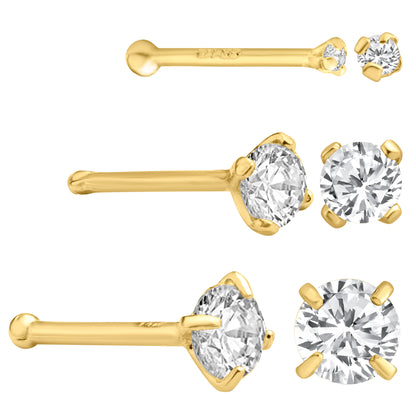 20g - 14k Solid Gold Round Cubic Zirconia Prong Setting Nose Ring Bone