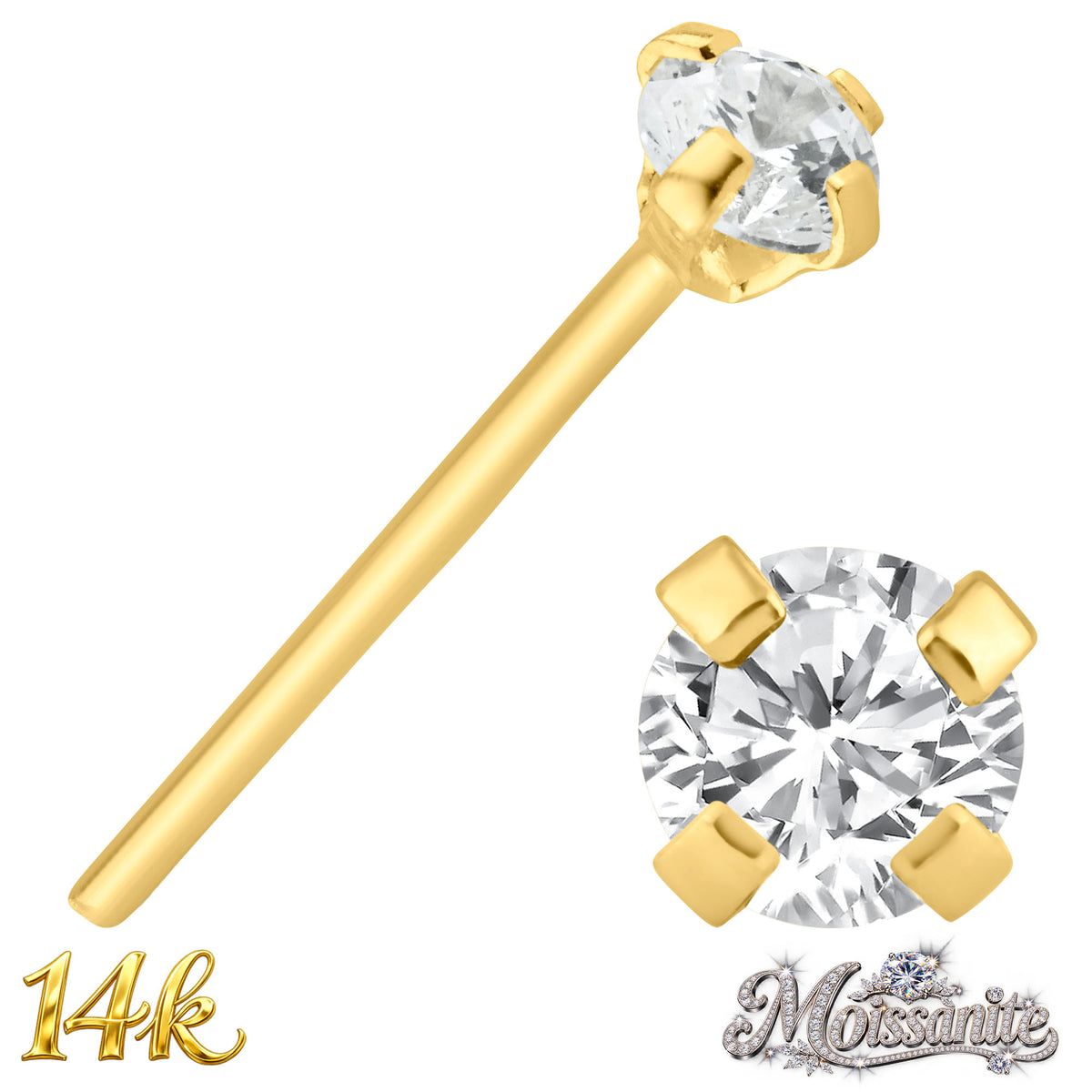 14k Yellow Gold Nose Stud with Round Moissanite Stone