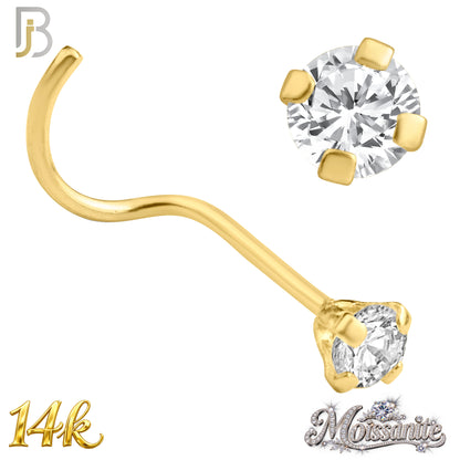 14k Solid Yellow Gold Cork Screw Nose Ring with Moissanite