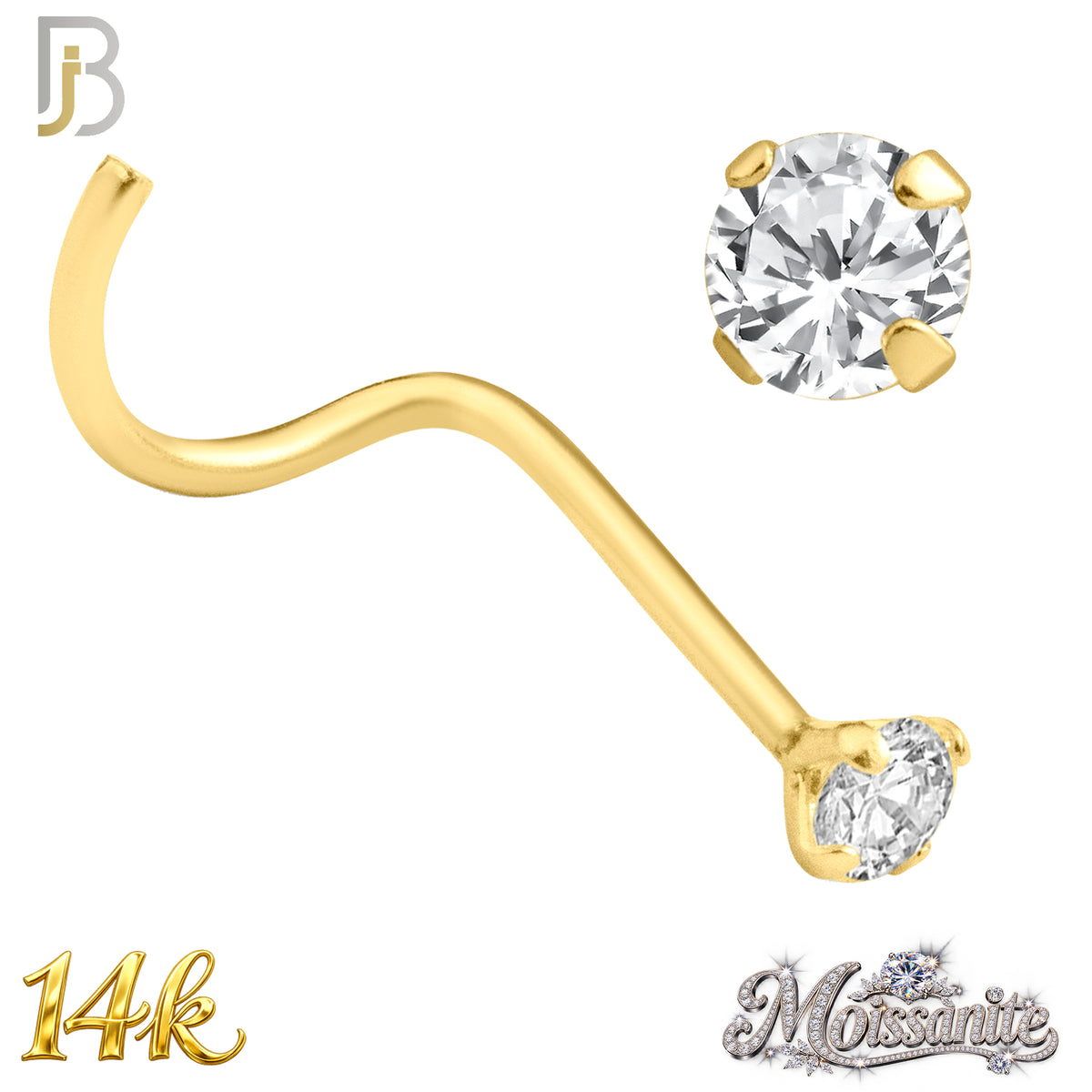14k Solid Yellow Gold Cork Screw Nose Ring with Moissanite