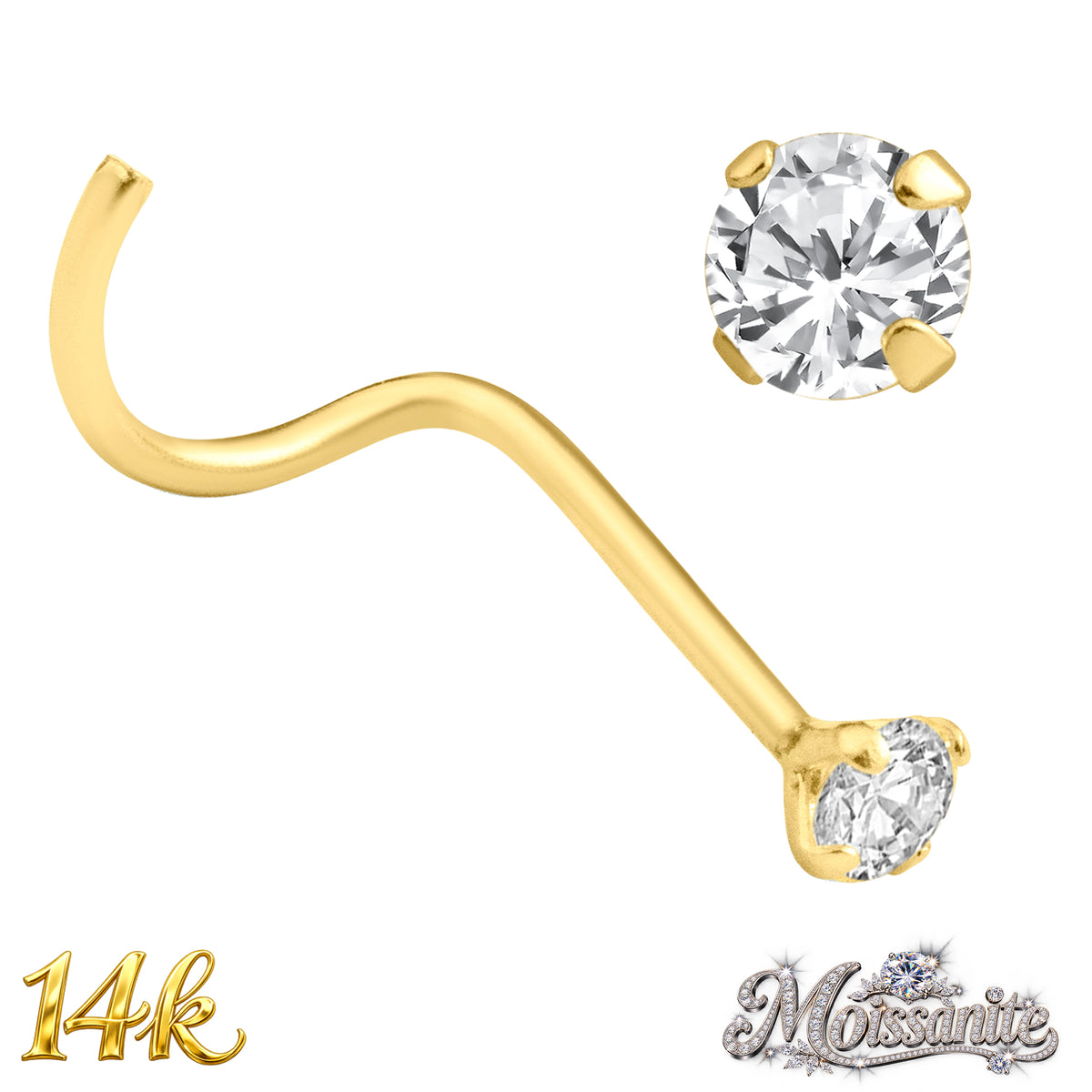 14k Solid Yellow Gold Cork Screw Nose Ring with Moissanite