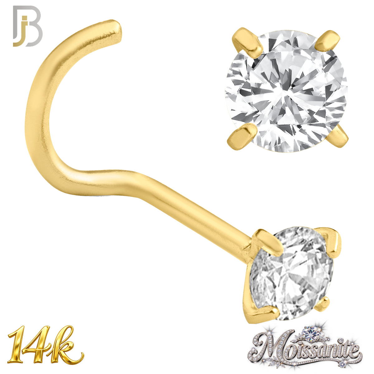 14k Solid Yellow Gold Cork Screw Nose Ring with Moissanite