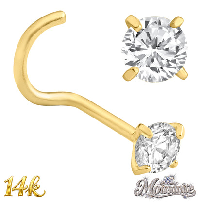 14k Solid Yellow Gold Cork Screw Nose Ring with Moissanite