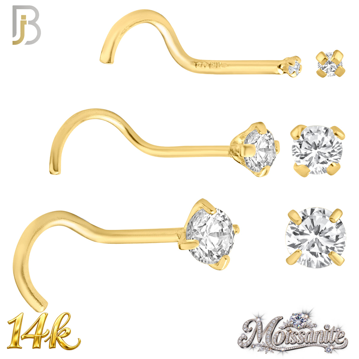 14k Solid Yellow Gold Cork Screw Nose Ring with Moissanite