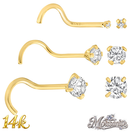 14k Solid Yellow Gold Cork Screw Nose Ring with Moissanite