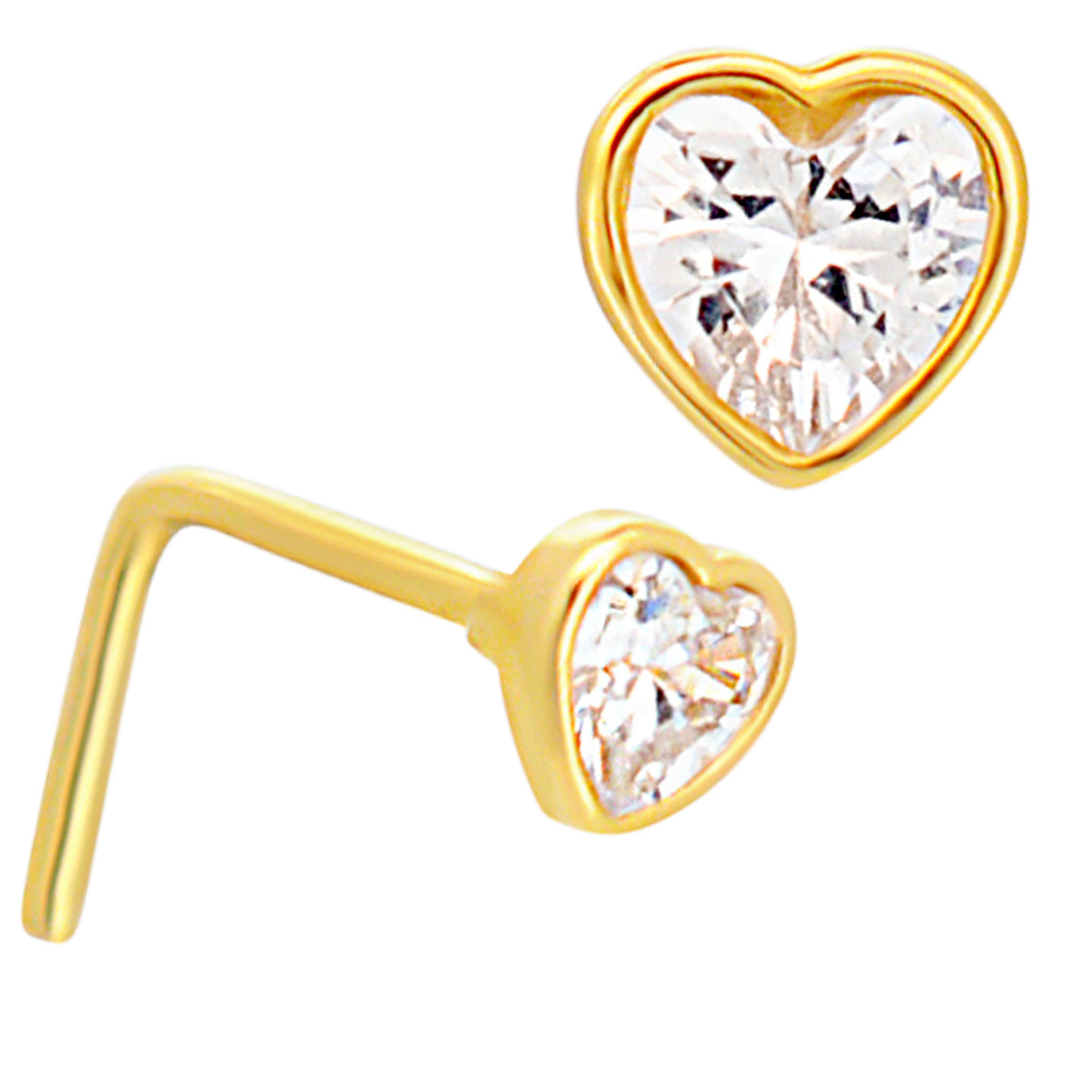 14k Yellow Gold Heart Shaped Cubic Zirconia in Bezel Setting L-Shaped Nose Ring