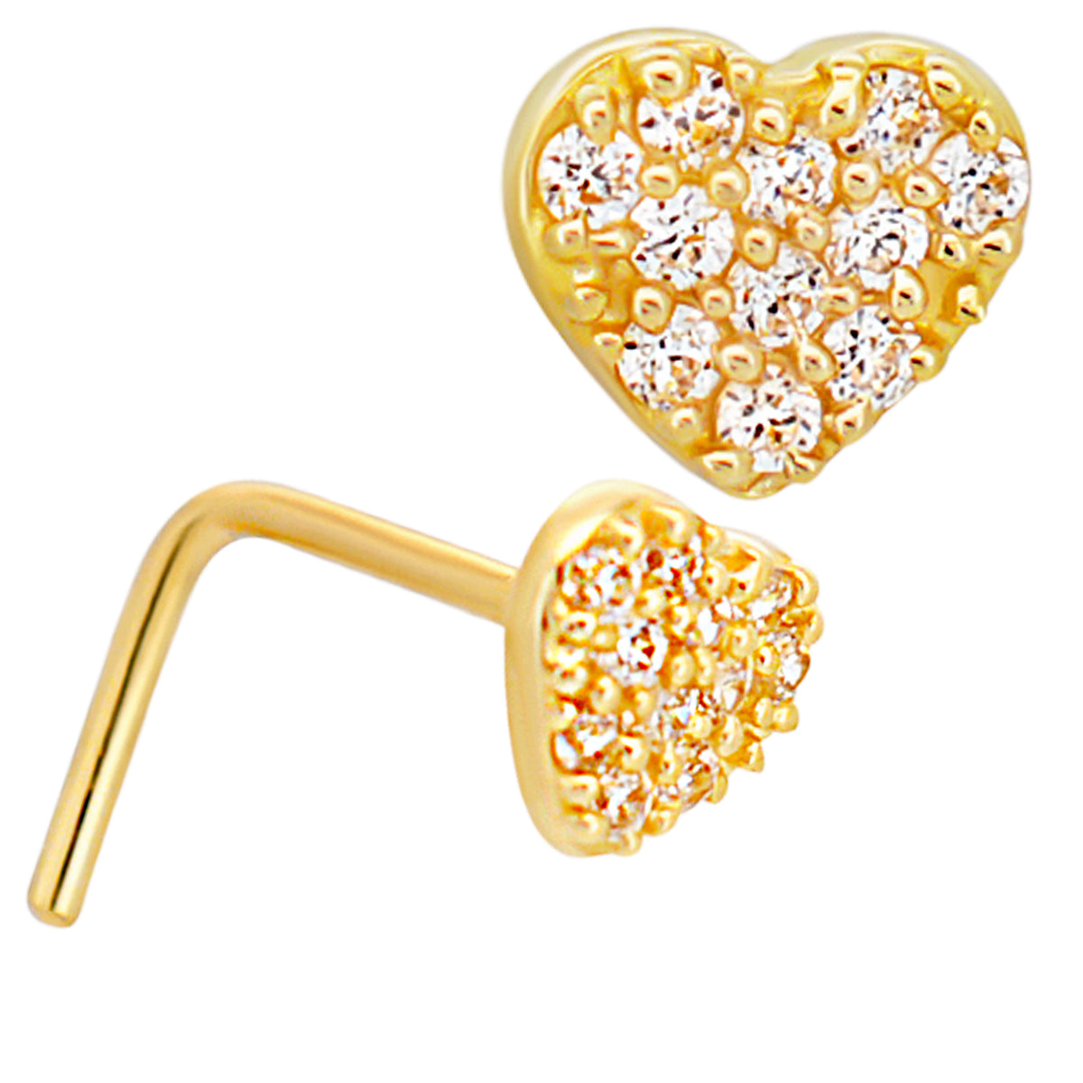 14k Yellow Gold Heart Studded with Cubic Zirconia L-Shaped Nose Ring