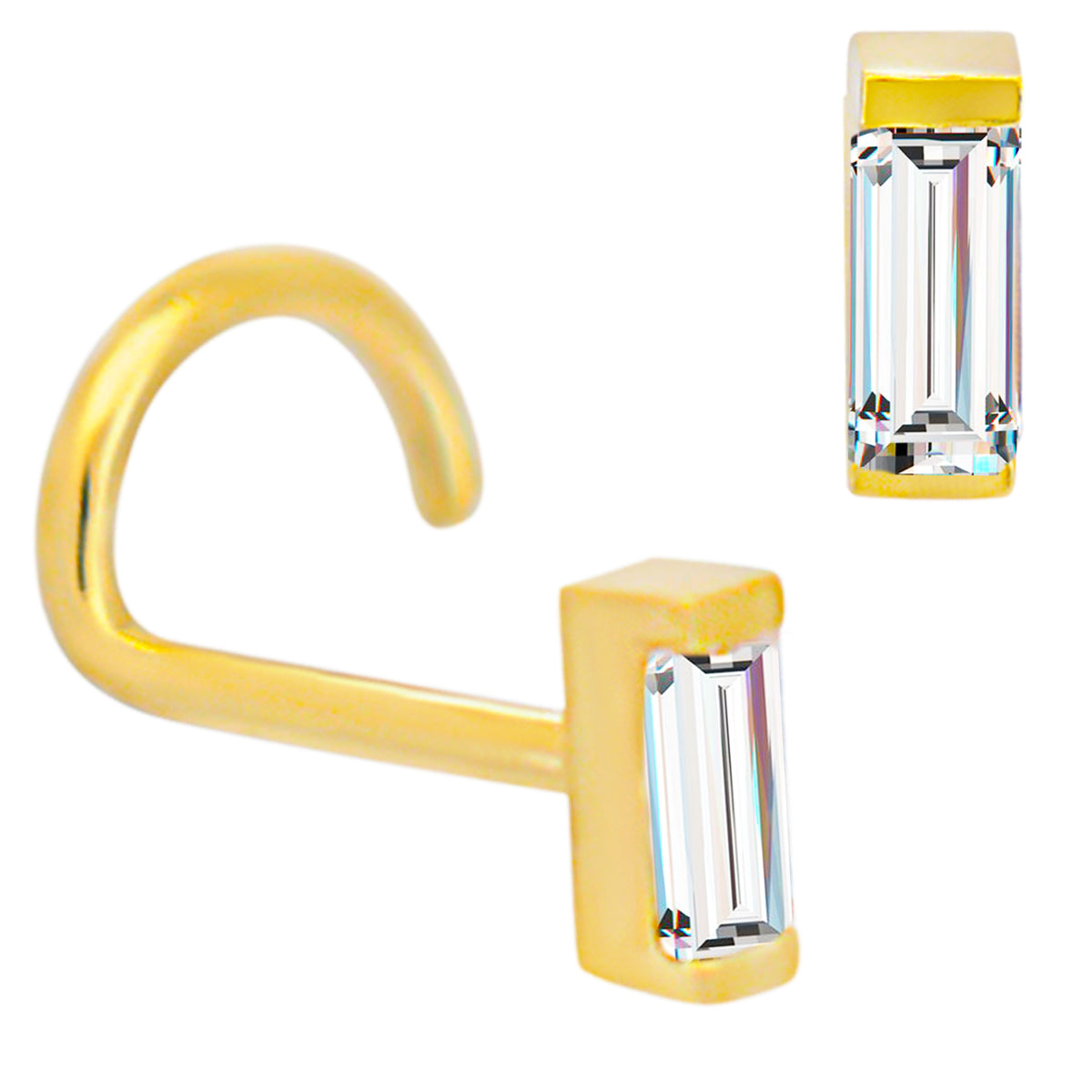 14k Solid Gold Baguette Shaped Cubic Zirconia in Bezel Setting Nose Screw