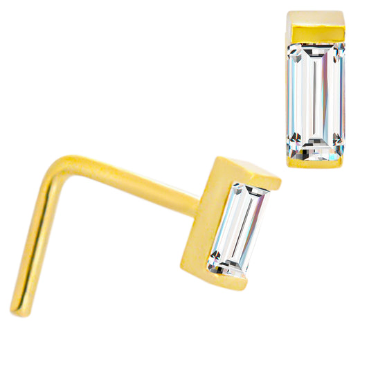 14k Solid Gold Baguette Shaped Cubic Zirconia in Bezel Setting L-Shaped Nose Ring