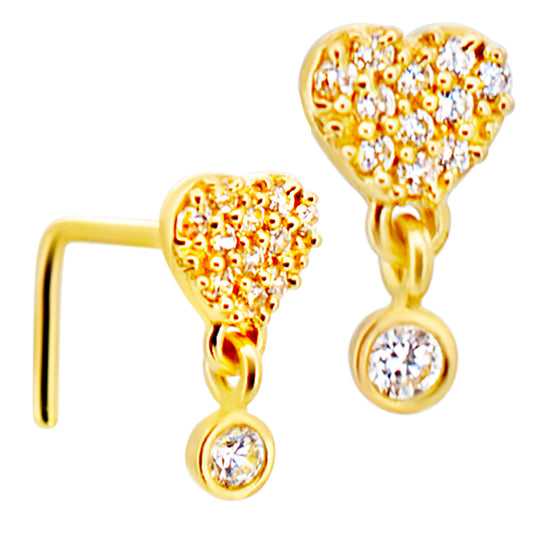 14k Yellow Gold Solid CZ Studded Heart with Dangling Round CZ in Bezel Setting