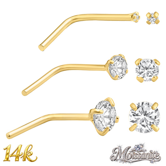 14k Solid Yellow Gold L-Shape Nose Ring with Moissanite