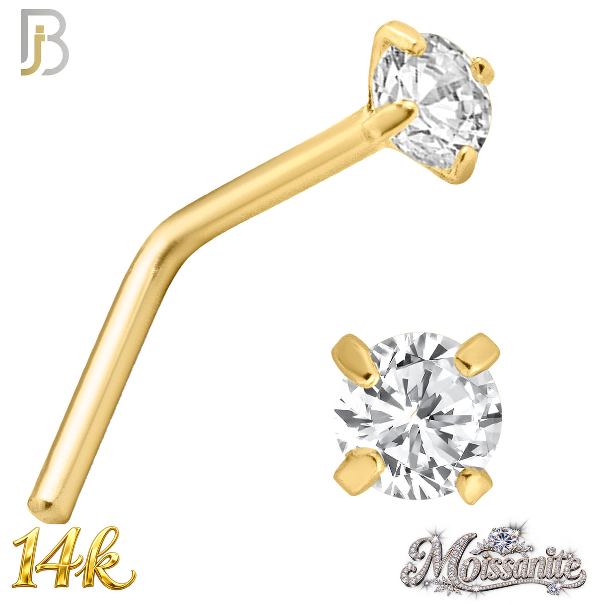 14k Solid Yellow Gold L-Shape Nose Ring with Moissanite