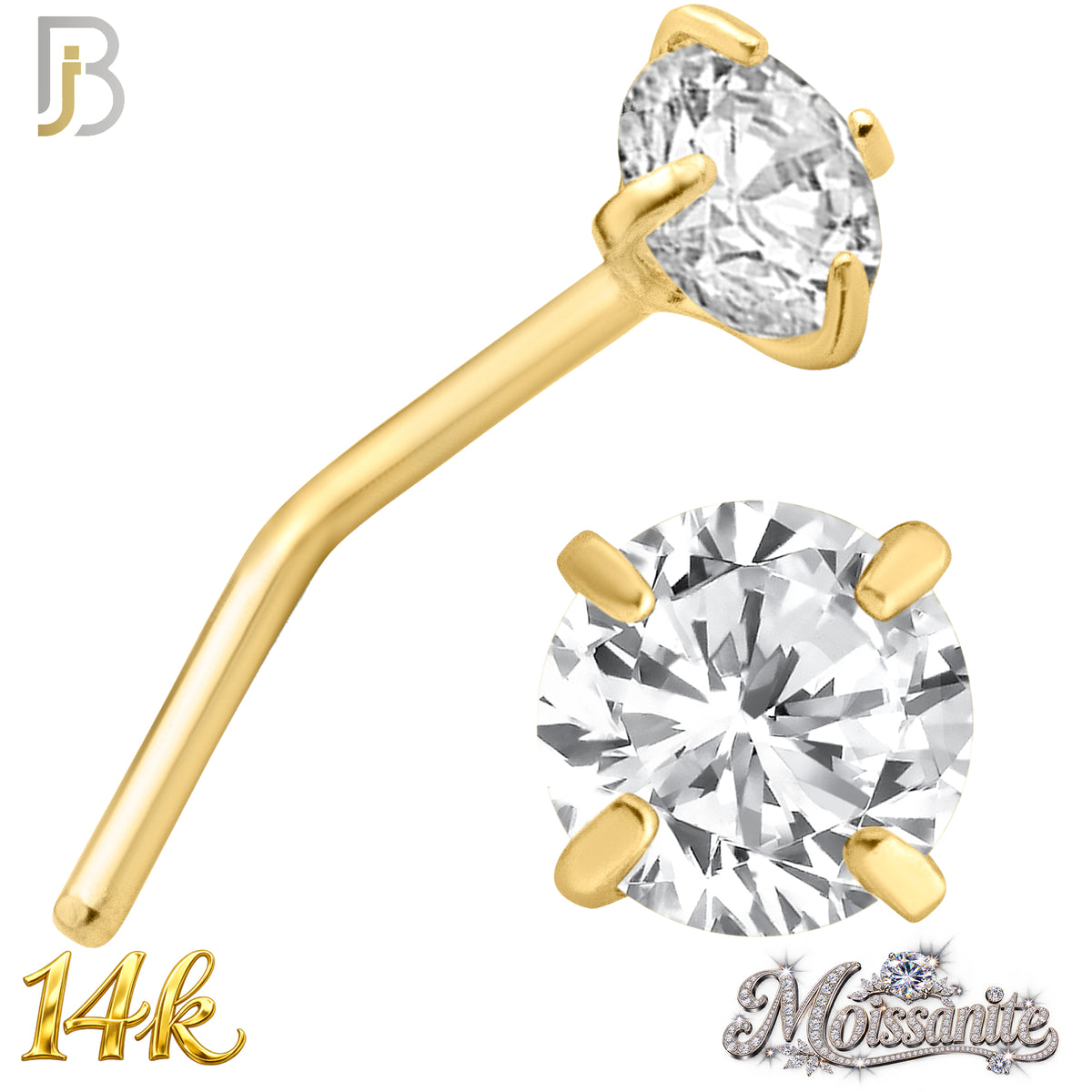 14k Solid Yellow Gold L-Shape Nose Ring with Moissanite