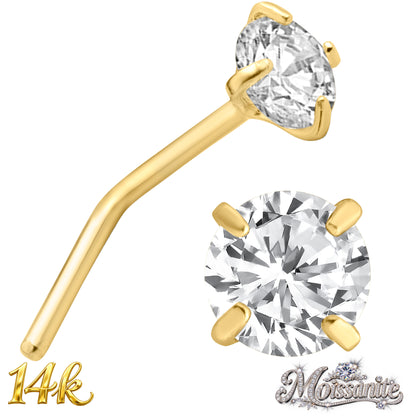 14k Solid Yellow Gold L-Shape Nose Ring with Moissanite