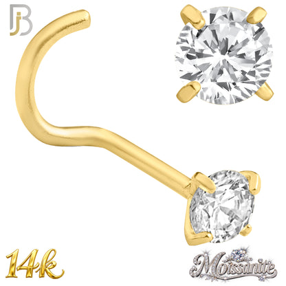 14k Solid Yellow Gold Cork Screw Nose Ring with Moissanite